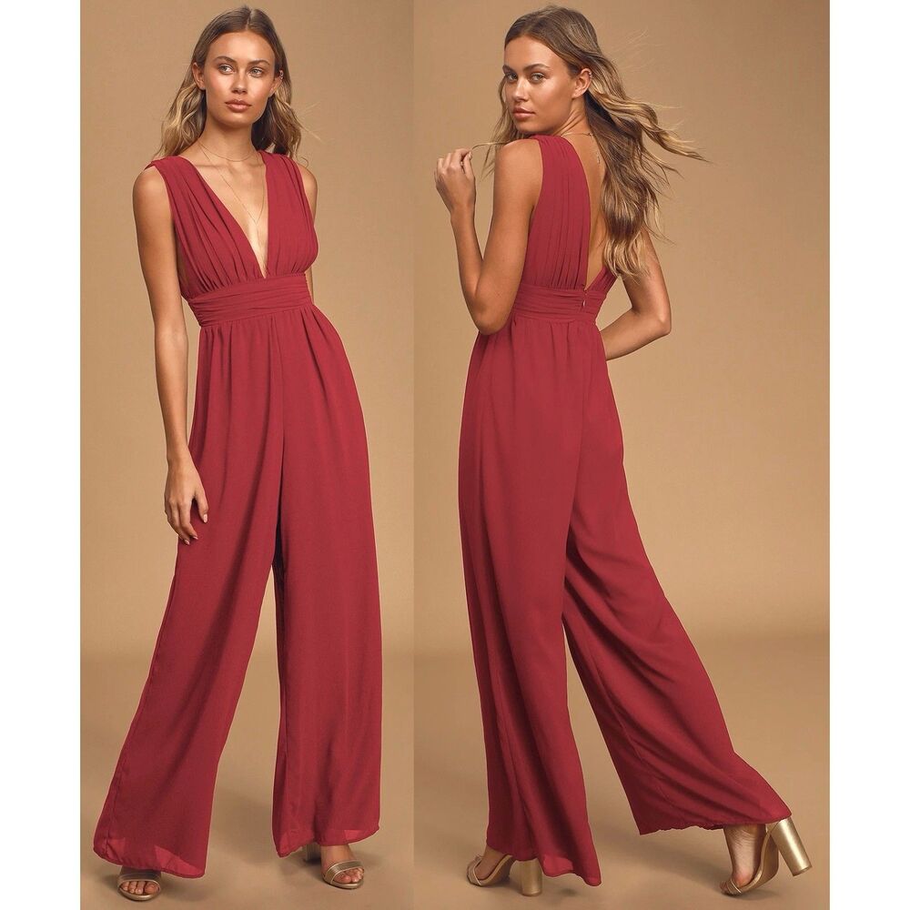Burgundy Chiffon Wide Leg Jumpsuit Ruched Plunge Low V Open Back Formal Lulus XS - Picture 2 of 9